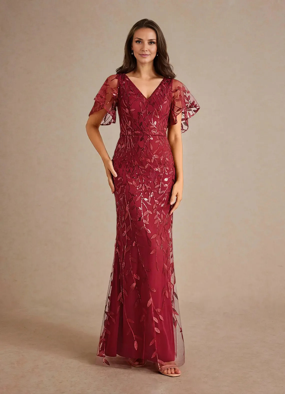 Dress Champagne Sheath Sequins Mother of the Groom Dresses Elegant V-Neck Flutter Sleeves Tulle Evening Dress