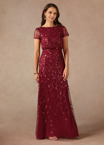 Dress Dark Navy A-Line Sequins Maxi Dress Elegant Boat Neck Short Sleeves Back Zip Mother of the Bride Dress