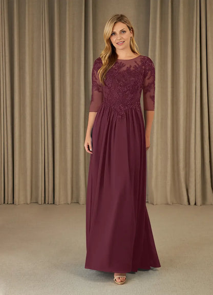 Dress Plum Scoop Lace Chiffon A-Line Mother Of The Bride Evening Dress Fashion Three-Quarter Sleeve Back Zip Plus Size Mother Of The Groom Dresses