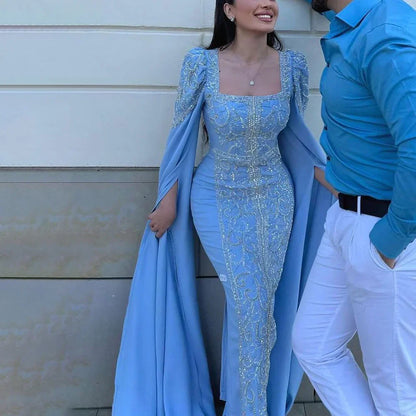 Formal Women's Dresses Luxury Blue Mermaid Muslim Evening Dresses with Cape Sleeves Engagement Party Gowns Prom Dress Stores