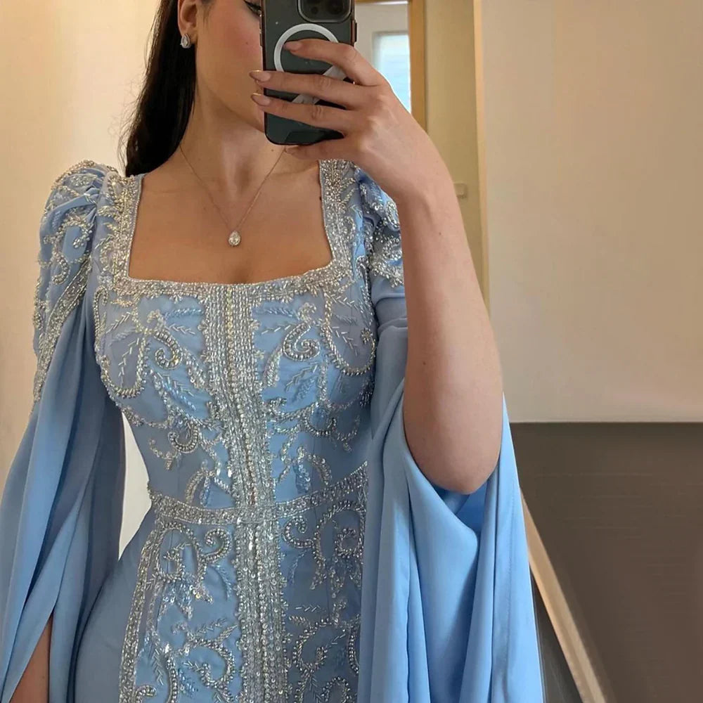 Formal Women's Dresses Luxury Blue Mermaid Muslim Evening Dresses with Cape Sleeves Engagement Party Gowns Prom Dress Stores