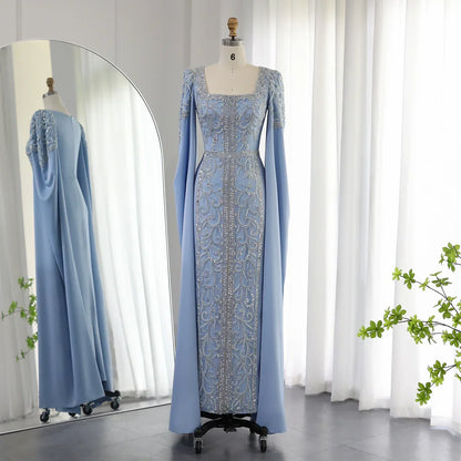 Formal Women's Dresses Luxury Blue Mermaid Muslim Evening Dresses with Cape Sleeves Engagement Party Gowns Prom Dress Stores