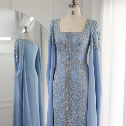 Formal Women's Dresses Luxury Blue Mermaid Muslim Evening Dresses with Cape Sleeves Engagement Party Gowns Prom Dress Stores