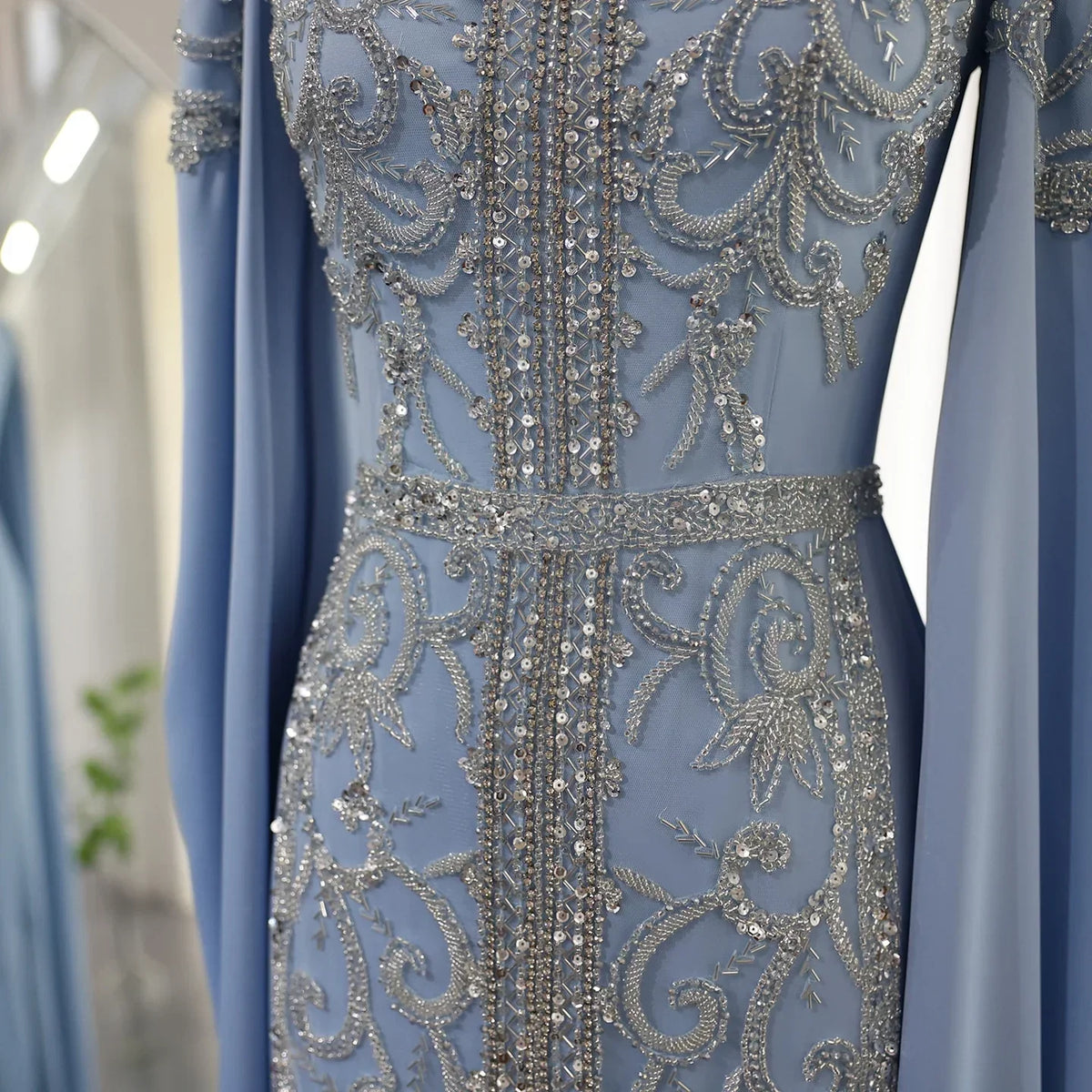 Formal Women's Dresses Luxury Blue Mermaid Muslim Evening Dresses with Cape Sleeves Engagement Party Gowns Prom Dress Stores