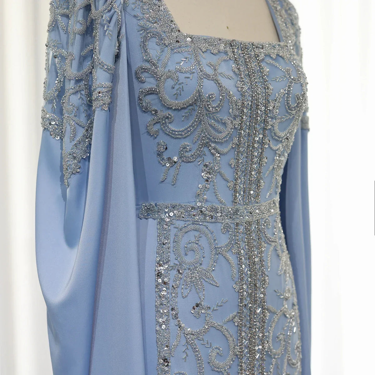 Formal Women's Dresses Luxury Blue Mermaid Muslim Evening Dresses with Cape Sleeves Engagement Party Gowns Prom Dress Stores
