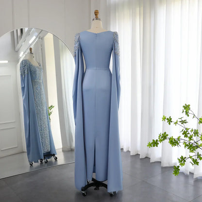 Formal Women's Dresses Luxury Blue Mermaid Muslim Evening Dresses with Cape Sleeves Engagement Party Gowns Prom Dress Stores