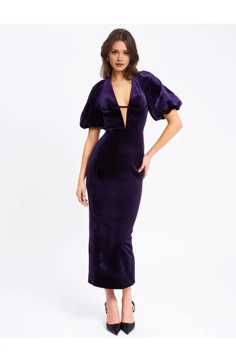 Casual Sheath V Neck Bubble Sleeve Velvet Ankle-Length Prom Dress