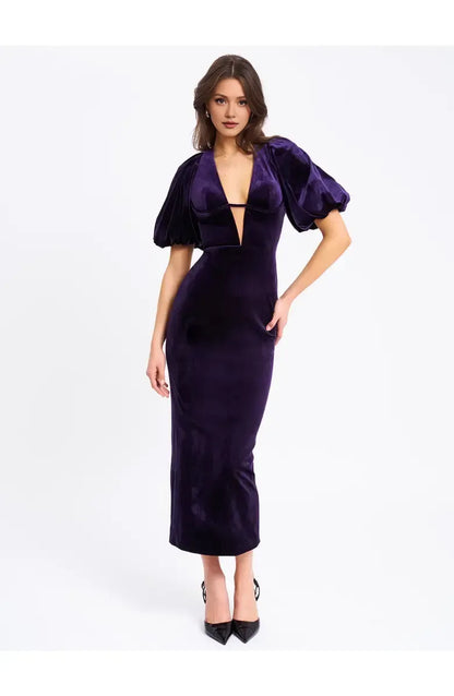 Casual Sheath V Neck Bubble Sleeve Velvet Ankle-Length Prom Dress