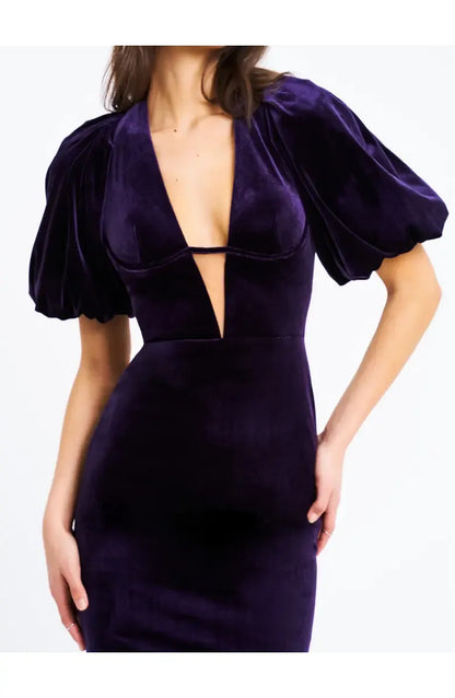 Casual Sheath V Neck Bubble Sleeve Velvet Ankle-Length Prom Dress