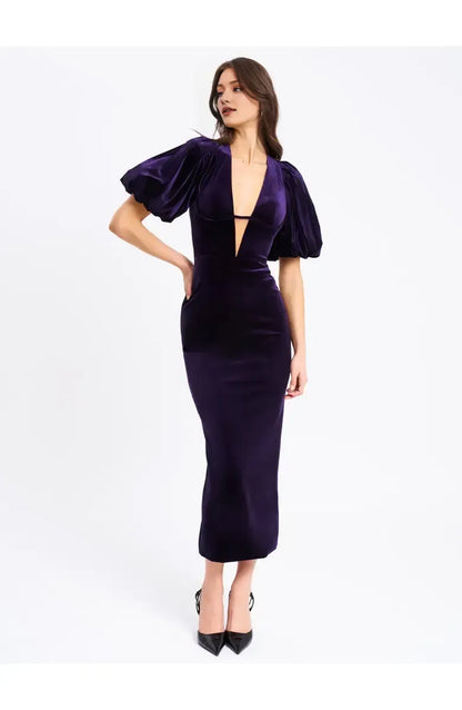 Casual Sheath V Neck Bubble Sleeve Velvet Ankle-Length Prom Dress