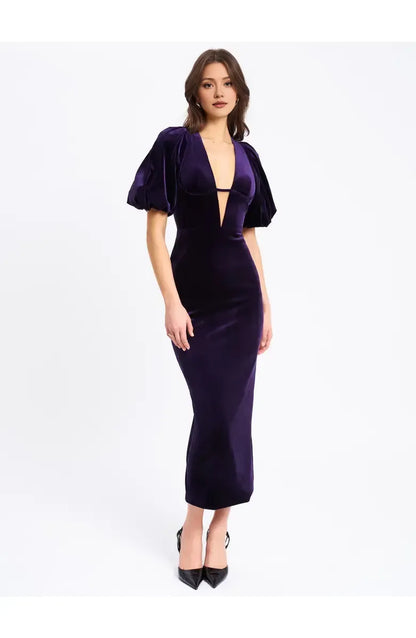 Casual Sheath V Neck Bubble Sleeve Velvet Ankle-Length Prom Dress