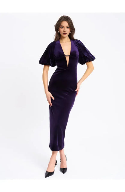 Casual Sheath V Neck Bubble Sleeve Velvet Ankle-Length Prom Dress