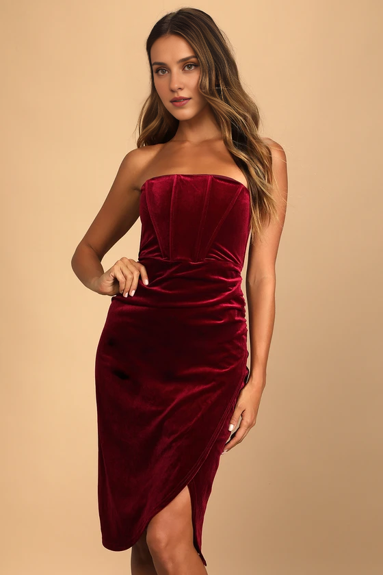 Formal Women's Dresses Glamorous Celebrations Wine Red Velvet Strapless Dress Prom Dress Stores