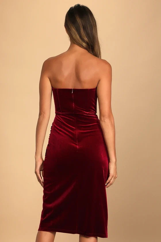Formal Women's Dresses Glamorous Celebrations Wine Red Velvet Strapless Dress Prom Dress Stores