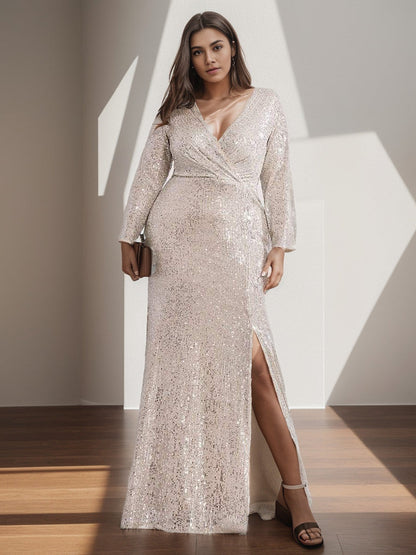 Plus Size Sexy Deep V-Neck Sequin Bodice Formal Evening Gowns