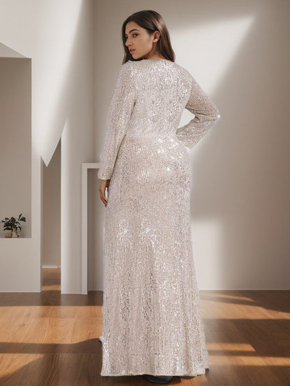 Plus Size Sexy Deep V-Neck Sequin Bodice Formal Evening Gowns