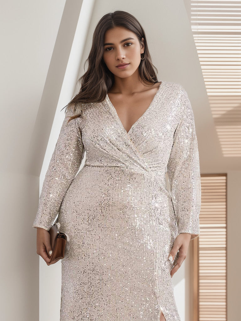 Plus Size Sexy Deep V-Neck Sequin Bodice Formal Evening Gowns