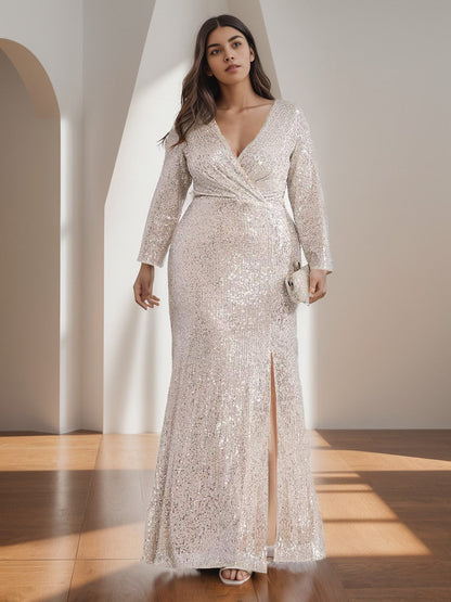 Plus Size Sexy Deep V-Neck Sequin Bodice Formal Evening Gowns