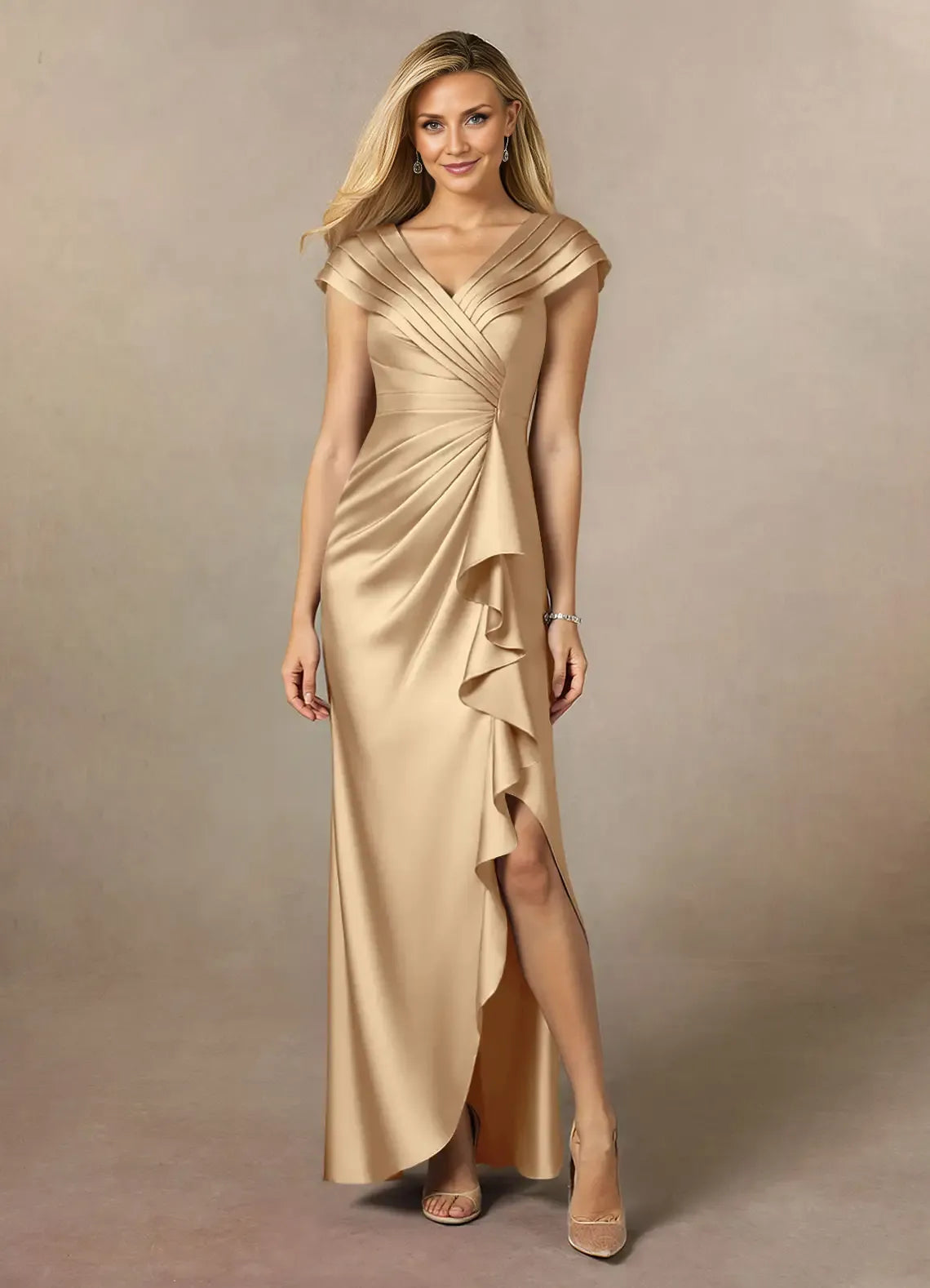 Dress Champagne Pleated Satin A-Line Mother Of The Bride Evening Dress Classic Cape Sleeve Leg Slit Mother Of The Groom Dresses