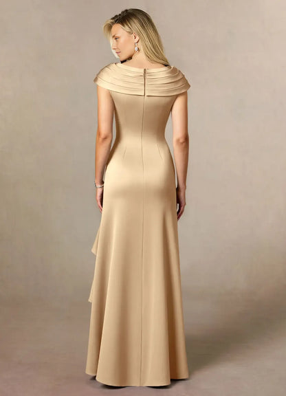 Dress Champagne Pleated Satin A-Line Mother Of The Bride Evening Dress Classic Cape Sleeve Leg Slit Mother Of The Groom Dresses