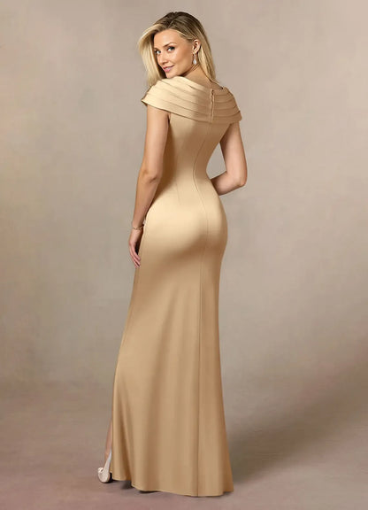 Dress Champagne Pleated Satin A-Line Mother Of The Bride Evening Dress Classic Cape Sleeve Leg Slit Mother Of The Groom Dresses