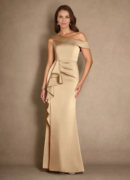 Dress Champagne A-Line Pleated Satin Maxi Dress Modern Cold Shoulder Sleeve Asymmetrical Neck Mother of the Bride Dress
