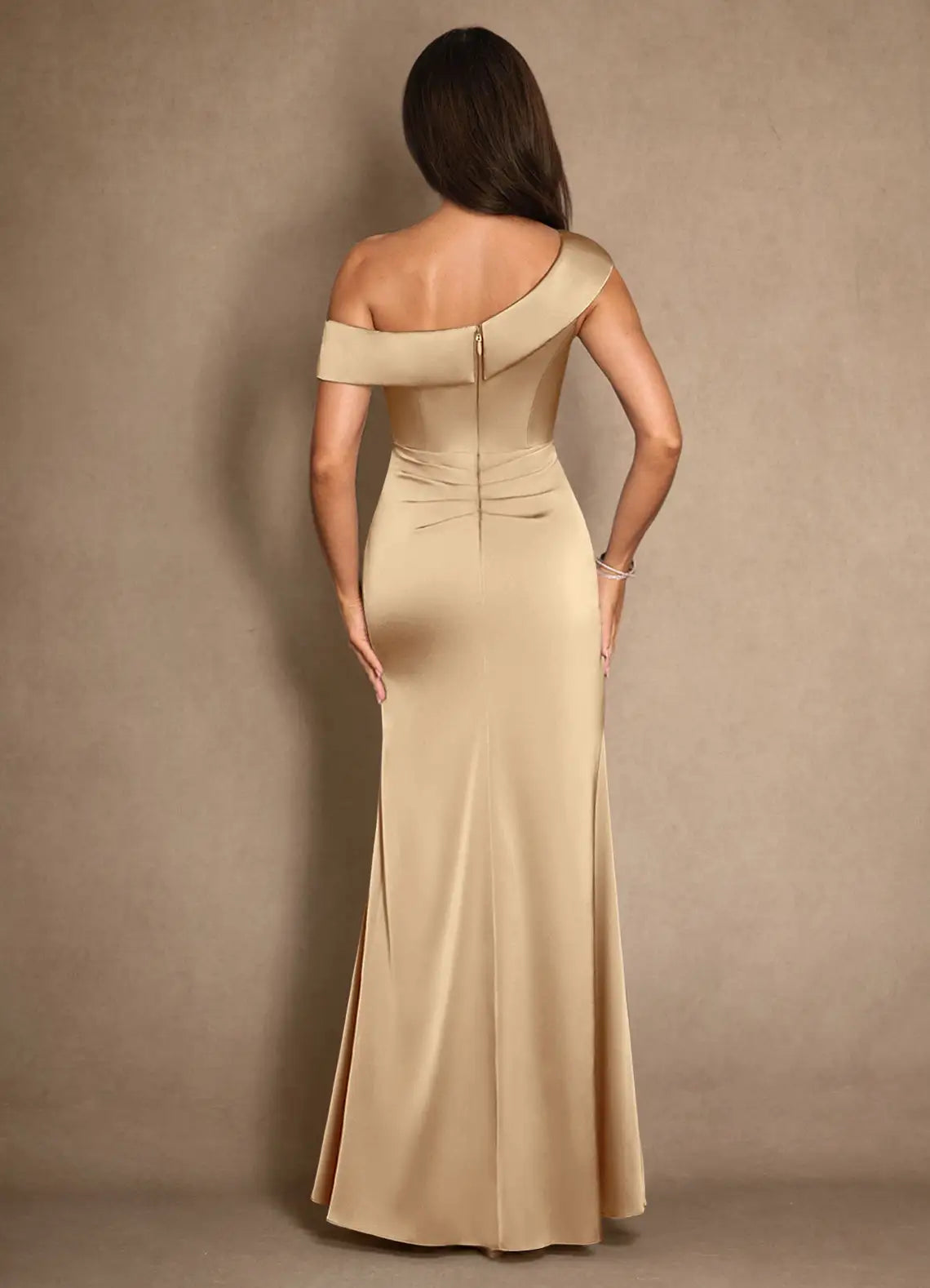 Dress Champagne A-Line Pleated Satin Maxi Dress Modern Cold Shoulder Sleeve Asymmetrical Neck Mother of the Bride Dress
