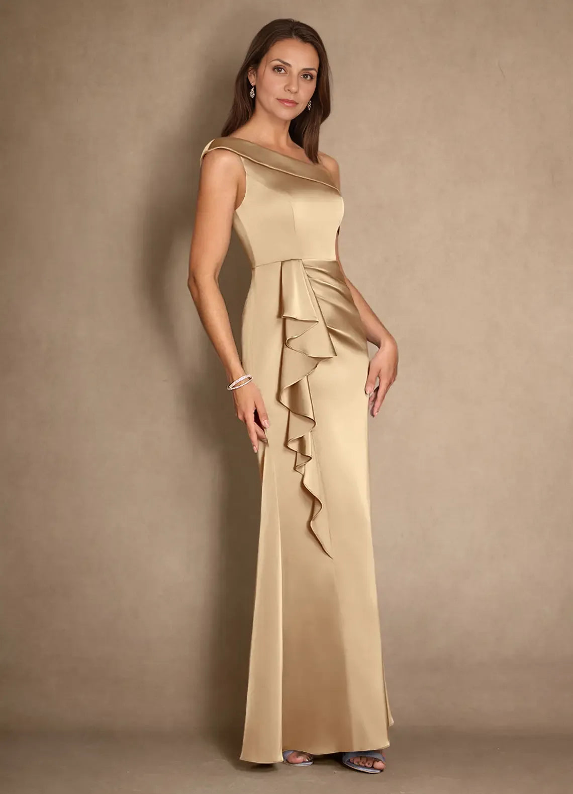 Dress Champagne A-Line Pleated Satin Maxi Dress Modern Cold Shoulder Sleeve Asymmetrical Neck Mother of the Bride Dress