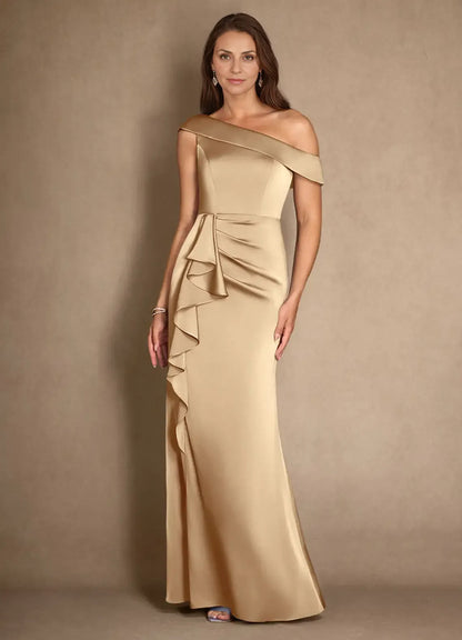Dress Champagne A-Line Pleated Satin Maxi Dress Modern Cold Shoulder Sleeve Asymmetrical Neck Mother of the Bride Dress
