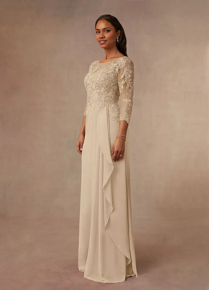 Dress Champagne A-Line Scoop Chiffon Mother Of The Bride Evening Dress Elegant Ruffle Three-Quarter Sleeve V Back Plus Size Mother Of The Bride Dress