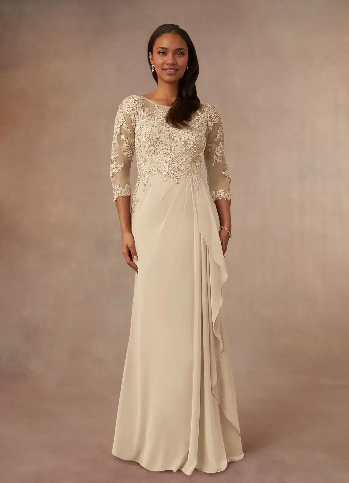 Dress Champagne A-Line Scoop Chiffon Mother Of The Bride Evening Dress Elegant Ruffle Three-Quarter Sleeve V Back Plus Size Mother Of The Bride Dress