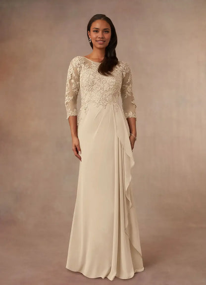 Dress Champagne A-Line Scoop Chiffon Mother Of The Bride Evening Dress Elegant Ruffle Three-Quarter Sleeve V Back Plus Size Mother Of The Bride Dress