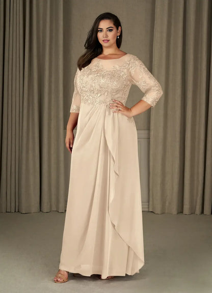 Dress Champagne A-Line Scoop Chiffon Mother Of The Bride Evening Dress Elegant Ruffle Three-Quarter Sleeve V Back Plus Size Mother Of The Bride Dress