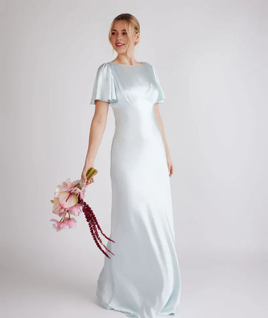 Dress Fashion Gathered Bust Satin Bridesmaid Dress Maxi Dress Solid Color Champagne Flutter Sleeve Column Prom Dress