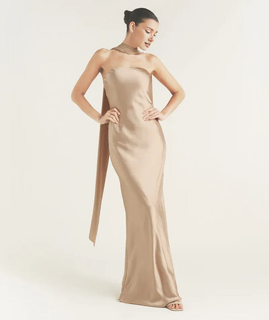 Dress Fashion Strapless Neck Satin Bridesmaid Dress Maxi Dress Backless Solid Color Sleeveless Prom Dress With Scarf