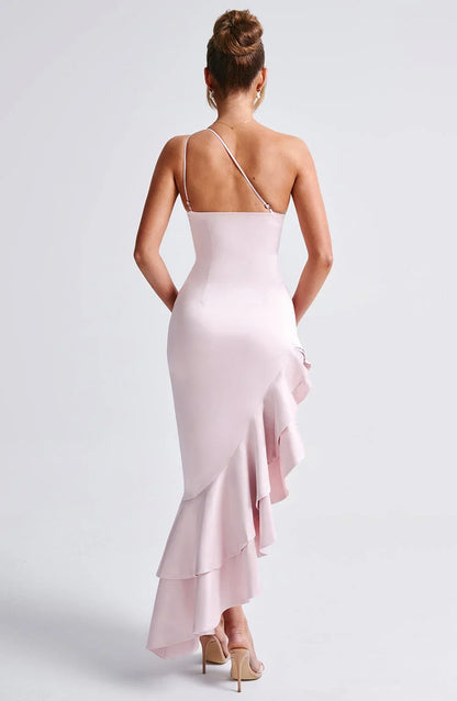 Champagne Satin Pleated Ball Gown With Elegant And Charming One Shoulder Strap Prom Dress