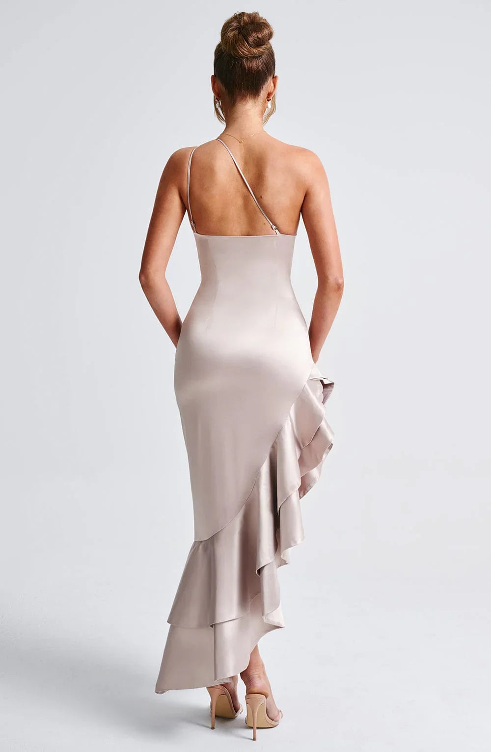 Champagne Satin Pleated Ball Gown With Elegant And Charming One Shoulder Strap Prom Dress