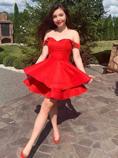 Charming A-Line Off Shoulder Sweetheart Neck Satin Ruffle Mini Homecoming Dress