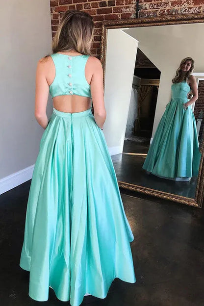 Charming A-Line Scoop Neck Sleeveless Satin Maxi Prom Dress