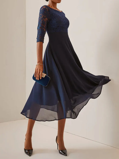 Charming A-Line Crew Neck Half Sleeve Zipper Up Tea-Length Evening Dress