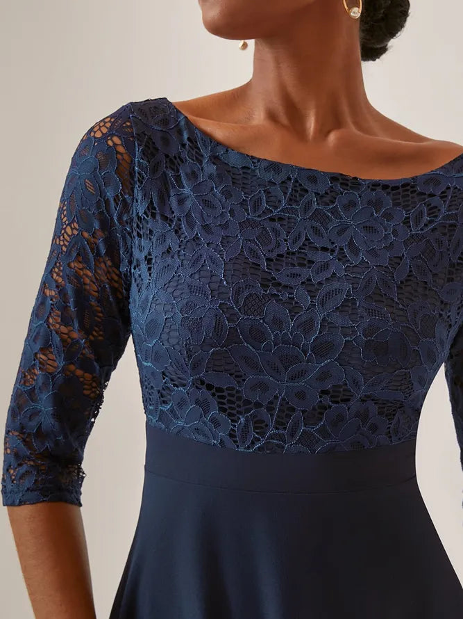 Charming A-Line Crew Neck Half Sleeve Zipper Up Tea-Length Evening Dress