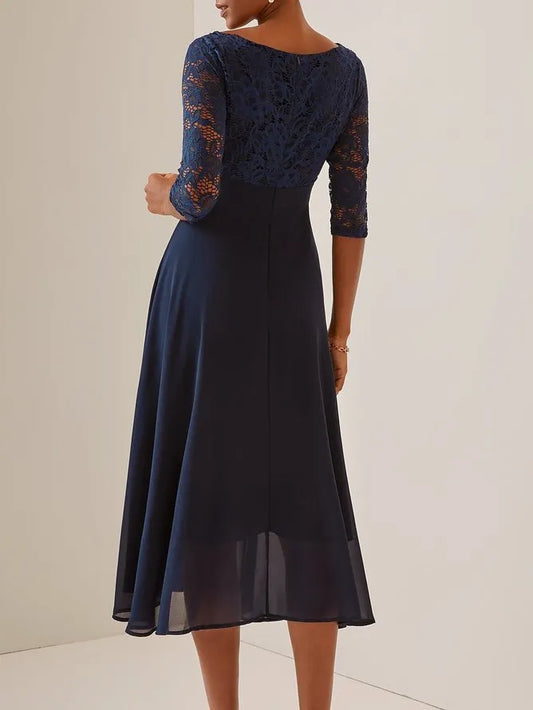 Charming A-Line Crew Neck Half Sleeve Zipper Up Tea-Length Evening Dress