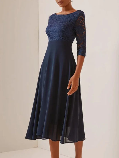 Charming A-Line Crew Neck Half Sleeve Zipper Up Tea-Length Evening Dress