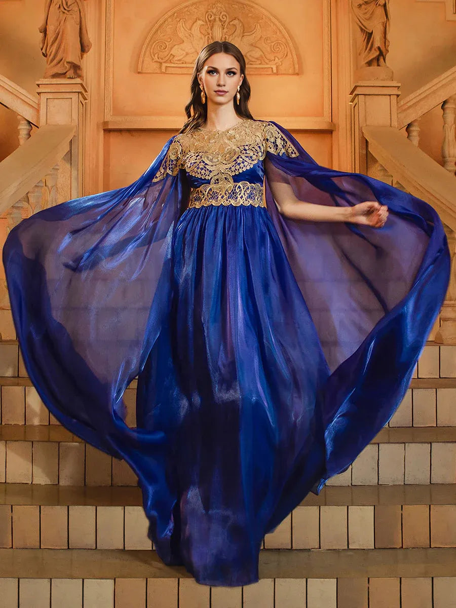 Charming A-Line High Neck Cape Sleeve Zipper Up Floor-Length Prom Dress