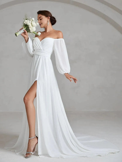 Charming A-Line Off Shoulder Lantern Sleeves Zipper Up Chapel Train Wedding Dress