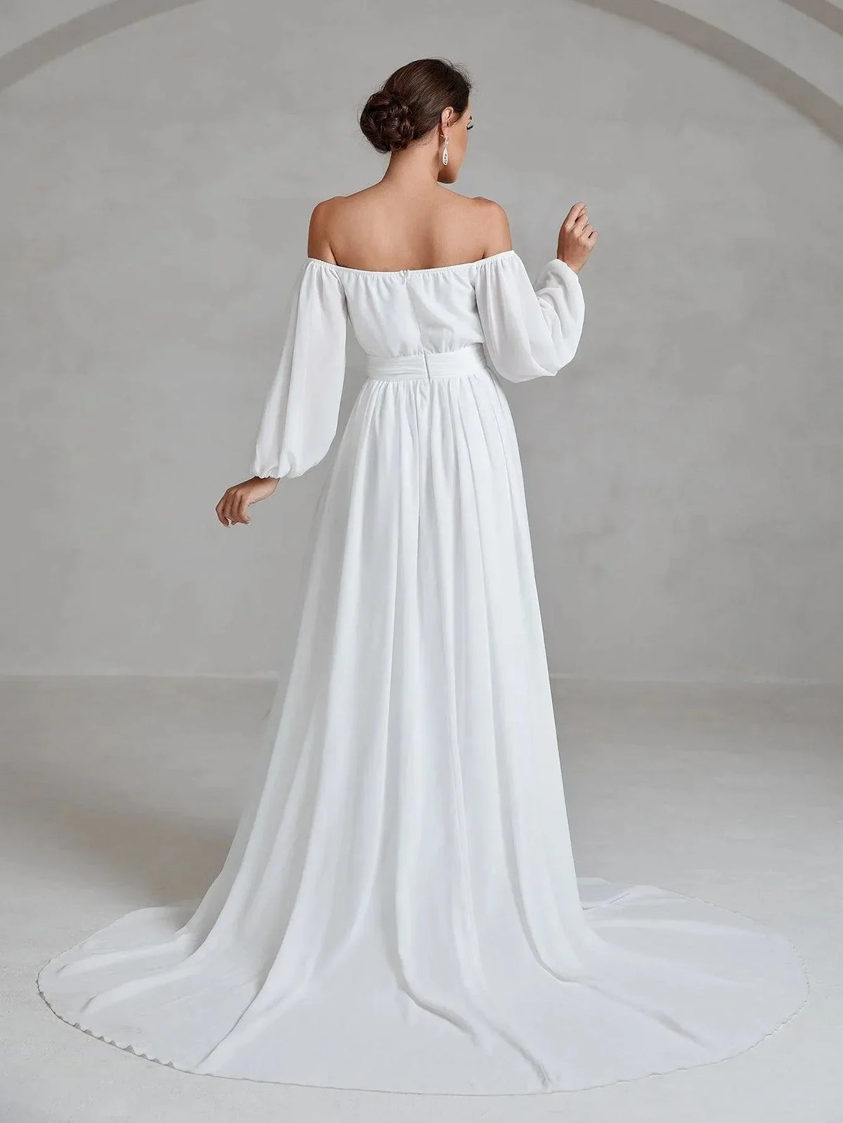 Charming A-Line Off Shoulder Lantern Sleeves Zipper Up Chapel Train Wedding Dress