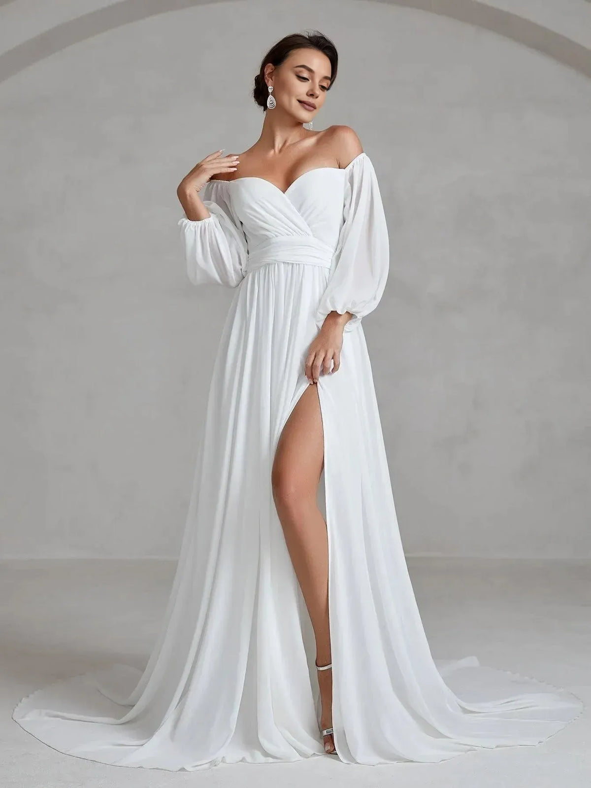 Charming A-Line Off Shoulder Lantern Sleeves Zipper Up Chapel Train Wedding Dress