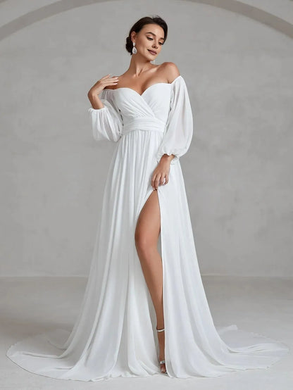 Charming A-Line Off Shoulder Lantern Sleeves Zipper Up Chapel Train Wedding Dress