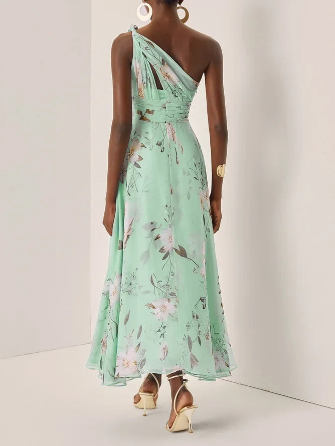 Charming A-Line One Shoulder Sleeveless Keyhole Ankle-Length Evening Dress