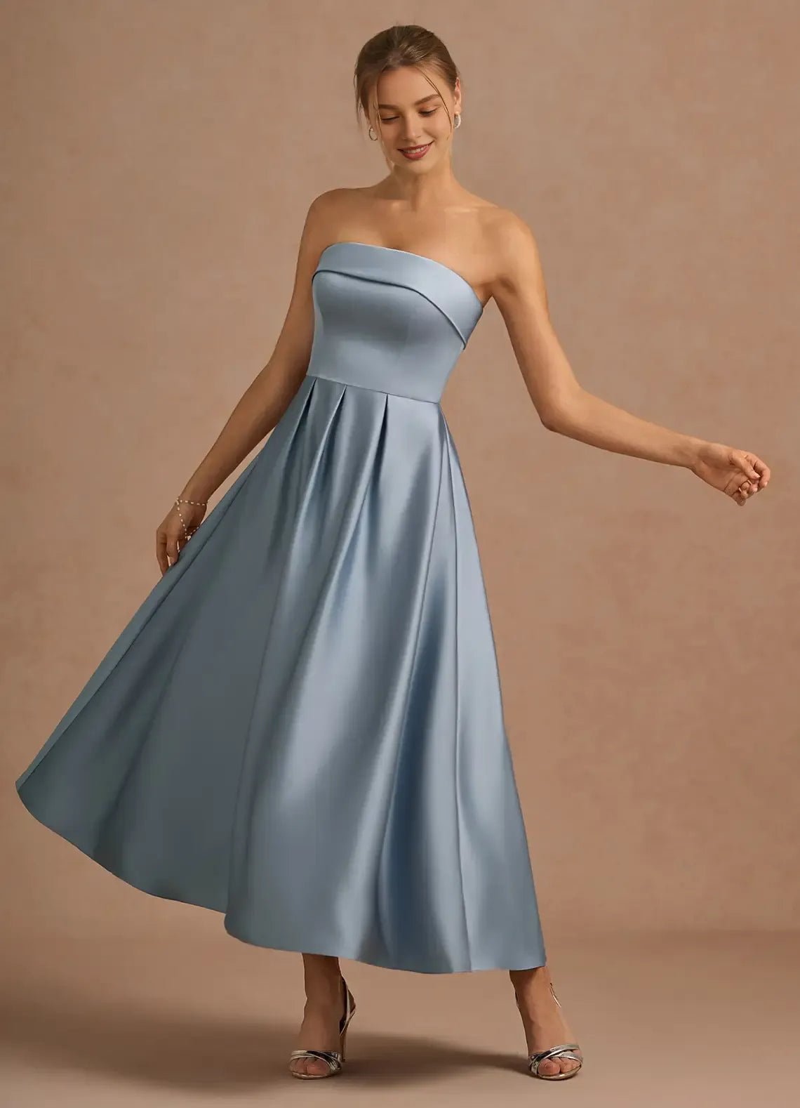 Charming A-Line Strapless Neck Sleeveless Backless Tea-Length Evening Dress